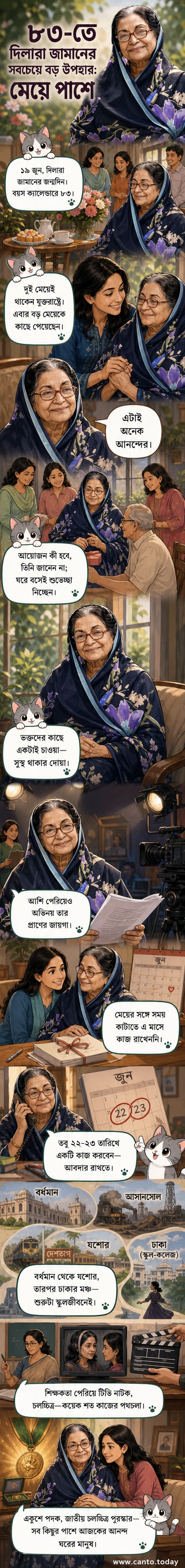 বৃদ্ধা অভিনেত্রী দিলারা জামান হাসছেন, পটভূমিতে জন্মদিনের কেক ও ফুল।