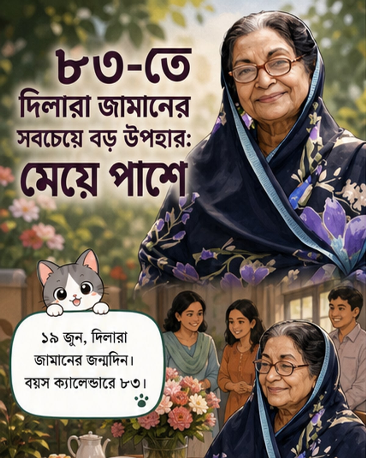 বৃদ্ধা অভিনেত্রী দিলারা জামান হাসছেন, পটভূমিতে জন্মদিনের কেক ও ফুল।