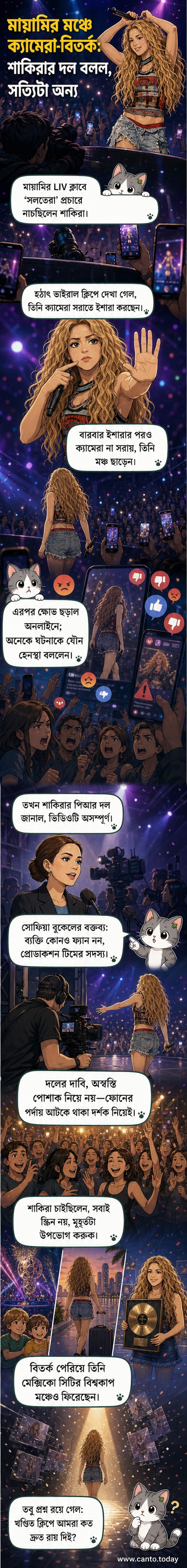 শাকিরা মায়ামির একটি নাইটক্লাবে মঞ্চে দাঁড়িয়ে আছেন, তাঁর পোশাক নিয়ে ক্যামেরার কোণ নিয়ে বিতর্ক হচ্ছে।