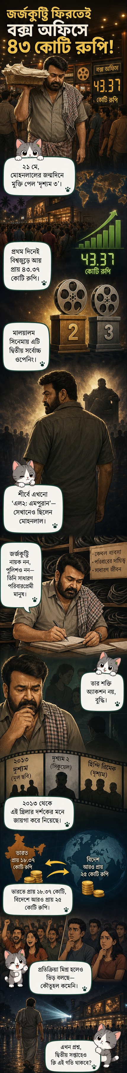মোহনলাল অভিনীত ‘দৃশ্যম ৩’-এর পোস্টার, যেখানে তিনি কালো কোট-প্যান্ট পরা অবস্থায় গম্ভীর দৃষ্টিতে তাকিয়ে আছেন, পেছনে অস্পষ্ট পুলিশ আধিকারিকদের ছবি।