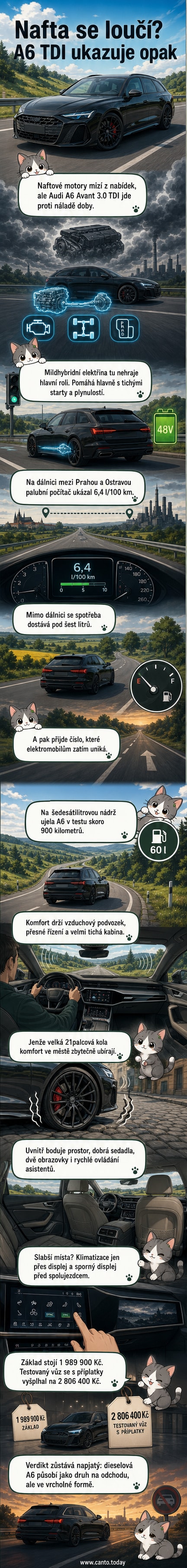 Audi A6 Avant s naftovým motorem na dálnici, interiér s digitálními displeji a koženým čalouněním