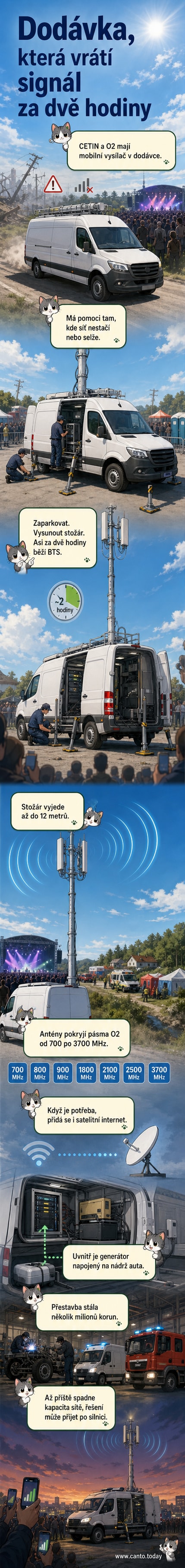 Ilustrace mobilního vysílače na bázi Mercedesu Sprinter s vysunutým 12metrovým stožárem a anténami na střeše, parkovaného na otevřeném prostoru během nasazení.