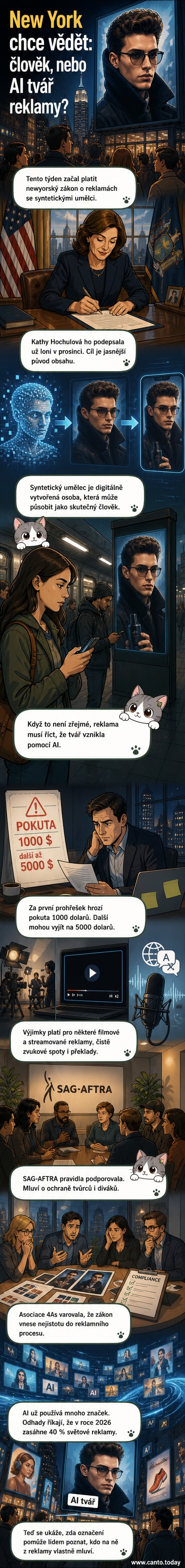 Ilustrace syntetického umělce v reklamě s varovným štítkem a logem New Yorku na pozadí.
