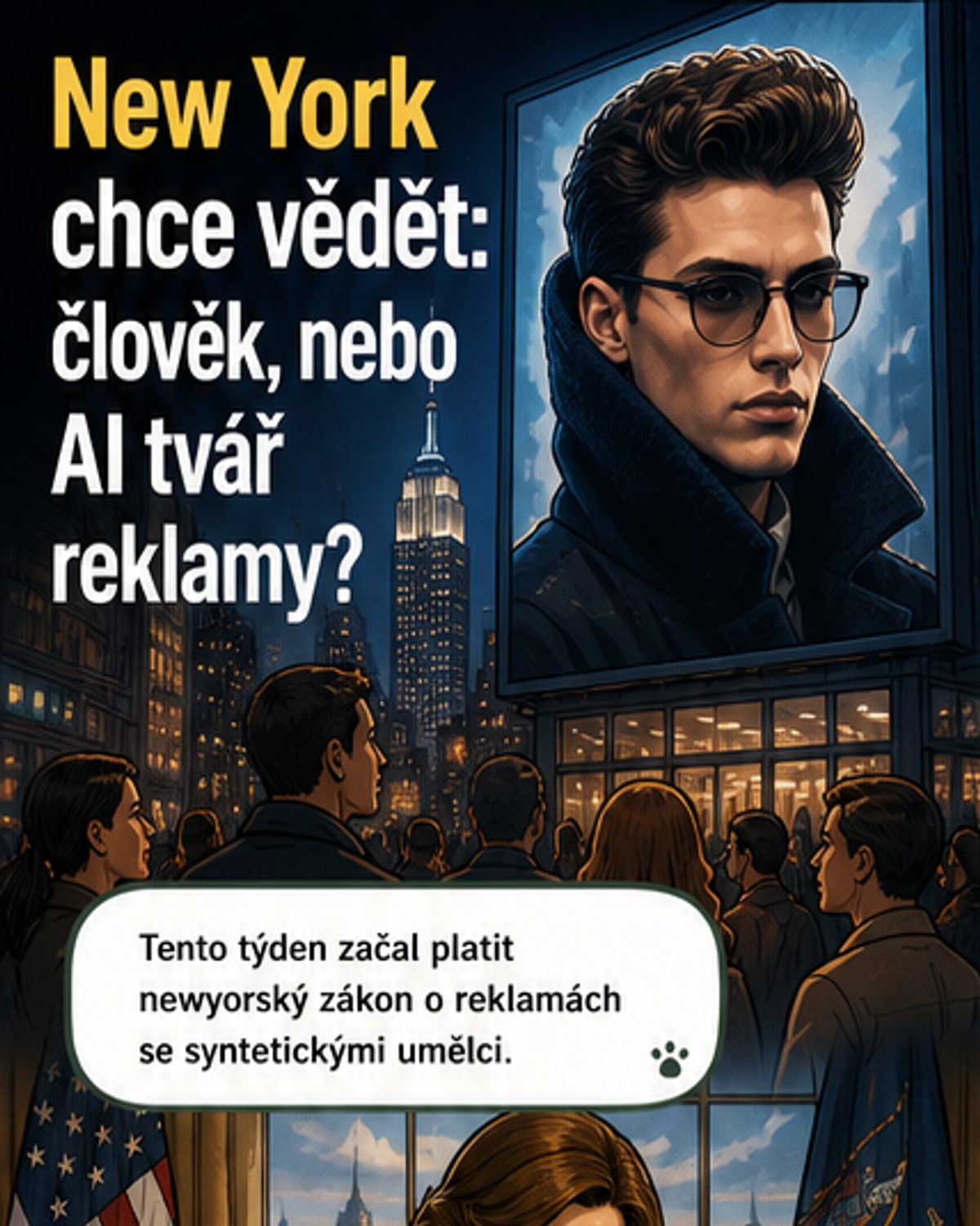 Ilustrace syntetického umělce v reklamě s varovným štítkem a logem New Yorku na pozadí.
