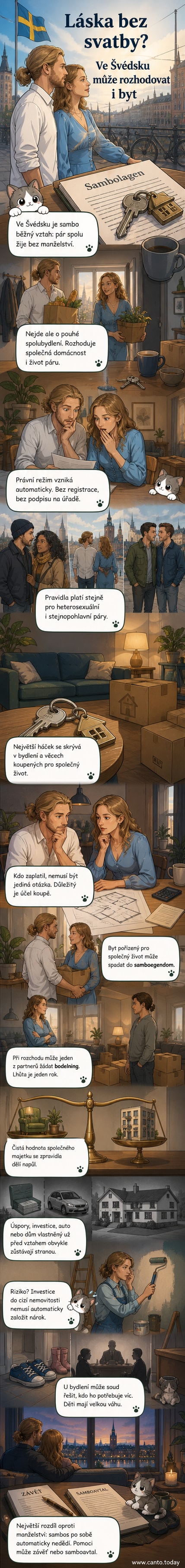 Ilustrace švédského páru žijícího společně bez manželství, s ikonami domu, smlouvy a dědictví kolem nich, symbolizující právní aspekty jejich vztahu.