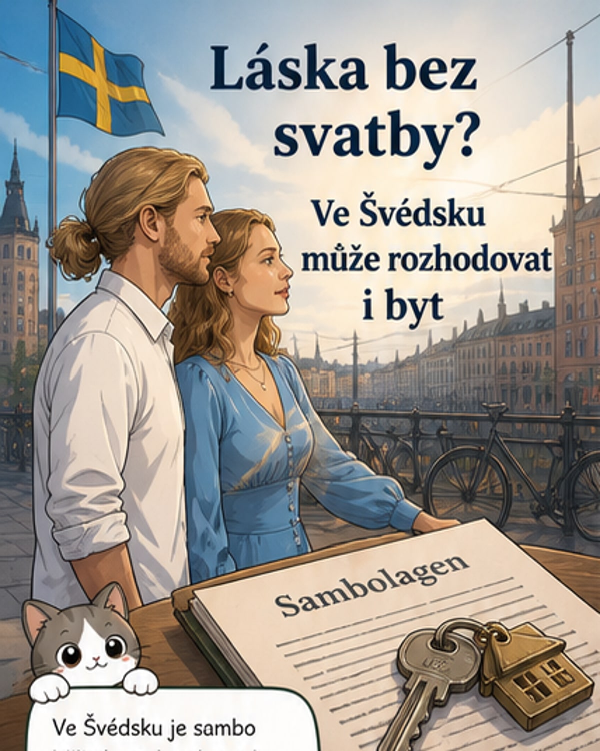 Ilustrace švédského páru žijícího společně bez manželství, s ikonami domu, smlouvy a dědictví kolem nich, symbolizující právní aspekty jejich vztahu.