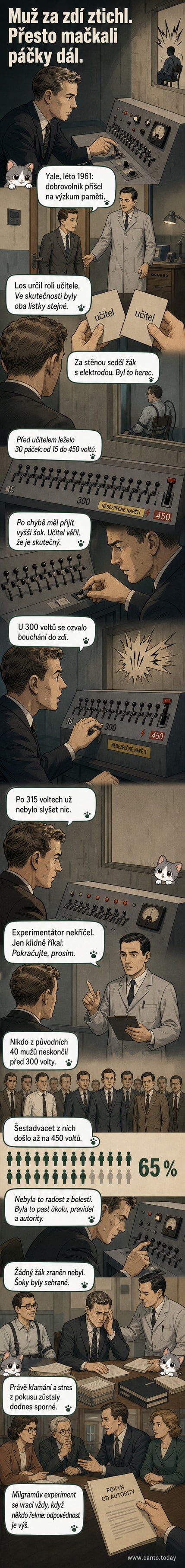Ilustrace muže sedícího u pultu s páčkami, za zdí bouchá druhý muž. Na stěně hodiny, na stole mikrofon. Napětí je hmatatelné.