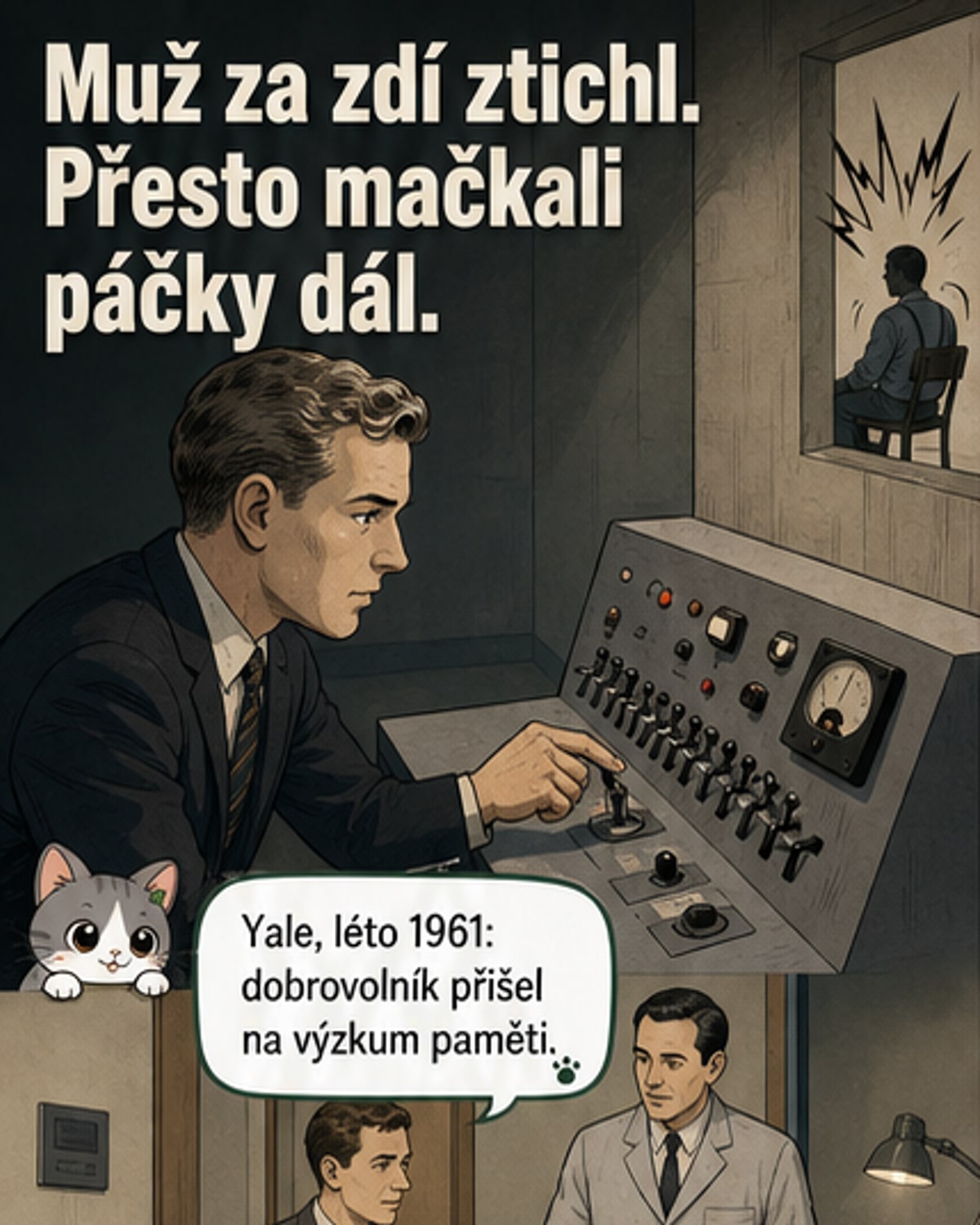 Ilustrace muže sedícího u pultu s páčkami, za zdí bouchá druhý muž. Na stěně hodiny, na stole mikrofon. Napětí je hmatatelné.