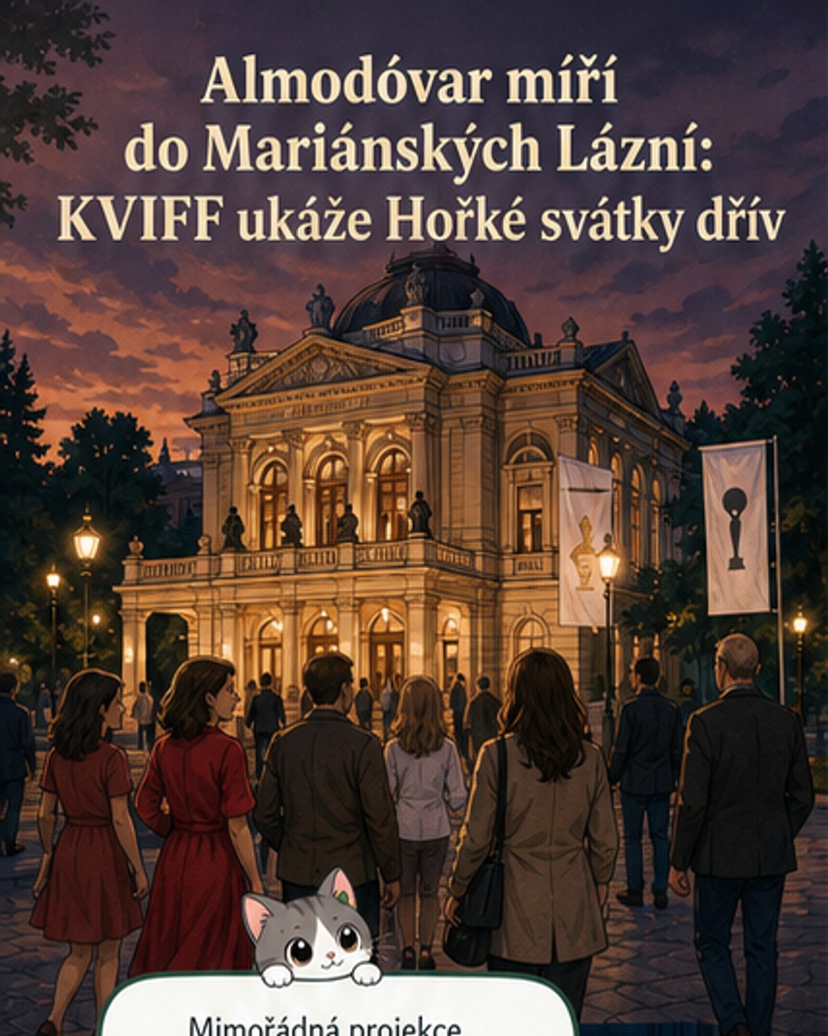 Plakát nového filmu Pedra Almodóvara s typickými barvami a emocionálním nábojem, uvedený v rámci KVIFF v Mariánských Lázních.