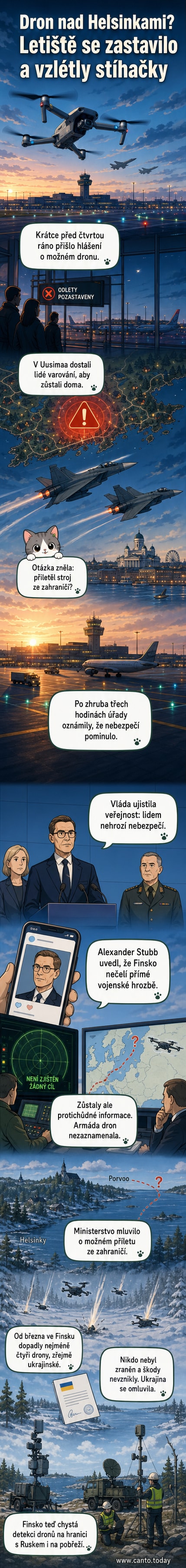 Ilustrace finského letiště s letadly na zemi a stíhačkami ve vzduchu nad městem, na pozadí varovná světla a ozvěnou dronu.