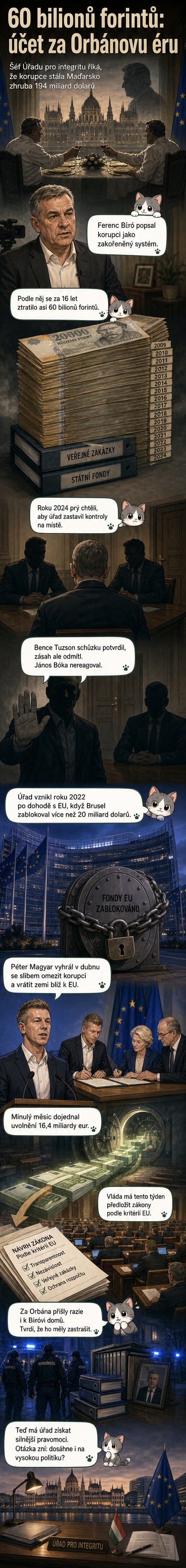 Ilustrace znázorňující peníze unikající z maďarské pokladny, zatímco silueta bývalého premiéra Orbána stojí v pozadí; v popředí nový premiér Magyar podepisuje dohodu s EU.