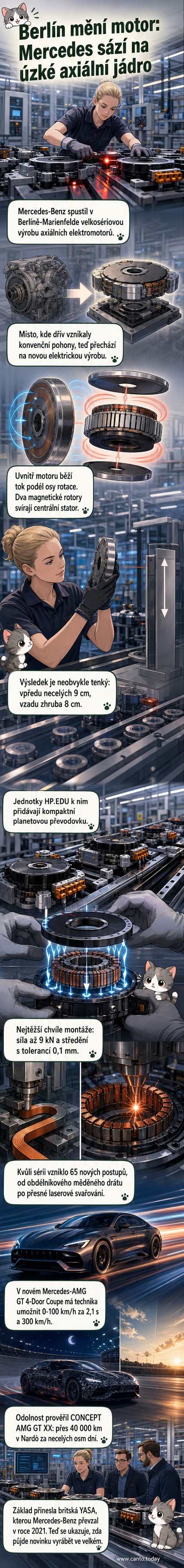 Ilustrace axiálního elektromotoru Mercedesu v řezu, ukazující diskovou konfiguraci rotorů a statoru v kompaktním tělese.