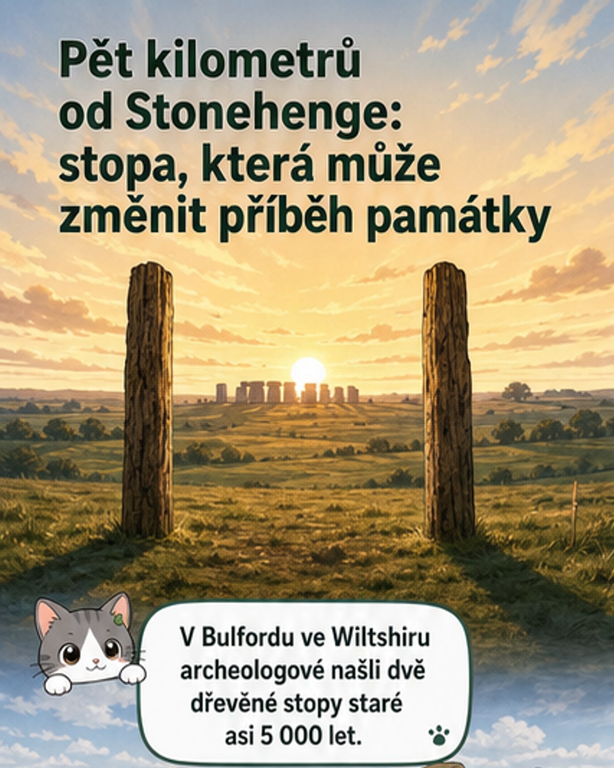 Rekonstrukce dřevěných sloupů v Bulfordu, které odráží slunce o letním slunovratu, podobně jako Stonehenge.