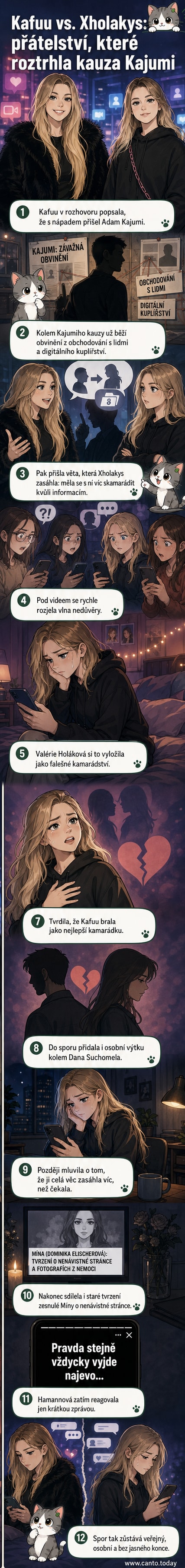 Ilustrovaná scéna dvou influencerů na sociálních sítích, jeden ukazuje na druhého s výrazem zklamání, na pozadí ikony srdce a zlomeného klíče.