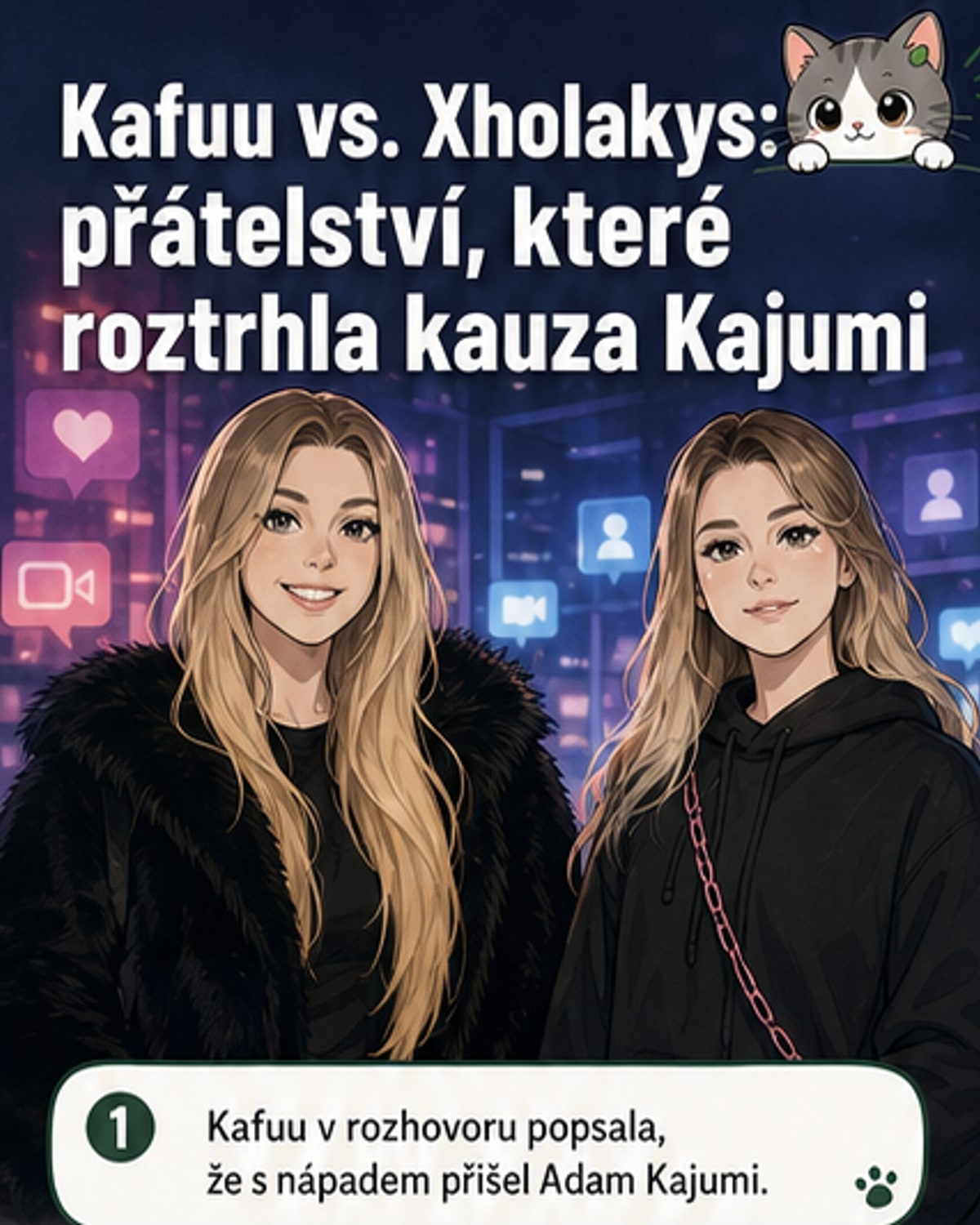 Ilustrovaná scéna dvou influencerů na sociálních sítích, jeden ukazuje na druhého s výrazem zklamání, na pozadí ikony srdce a zlomeného klíče.