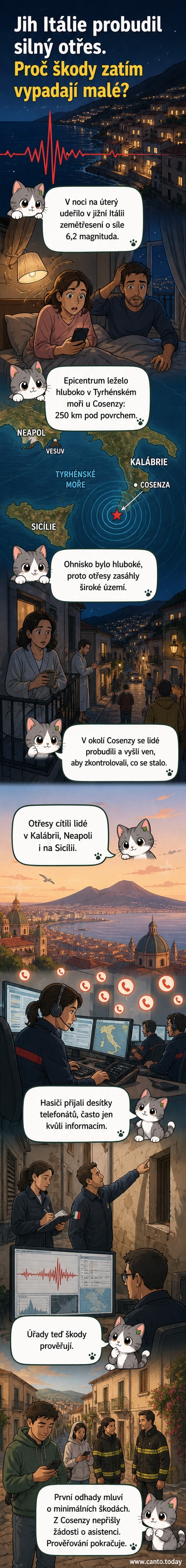 Ilustrace zemětřesení v jižní Itálii: mapa s epicentrem u Cosenzy, otřesy dosahují až k Neapoli a Sicílii.