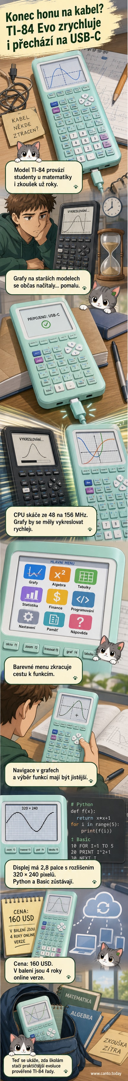 Grafická kalkulačka Texas Instruments TI-84 Evo s moderním USB-C konektorem, barevným displejem a aktualizovanou klávesnicí.