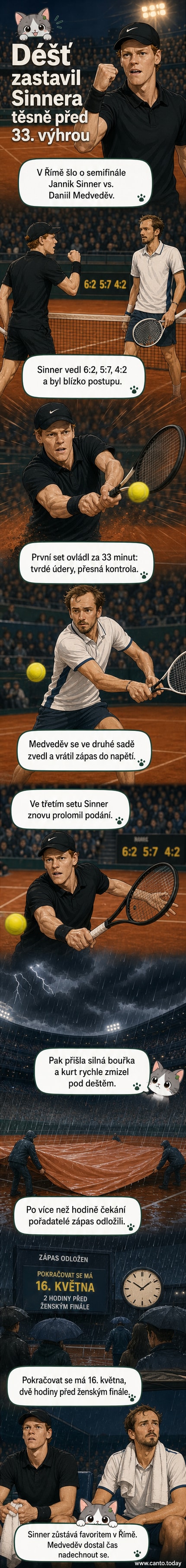 Tenisté Jannik Sinner a Daniil Medveděv na kurtu v Římě pod deštníkem, zápas přerušen kvůli dešti.