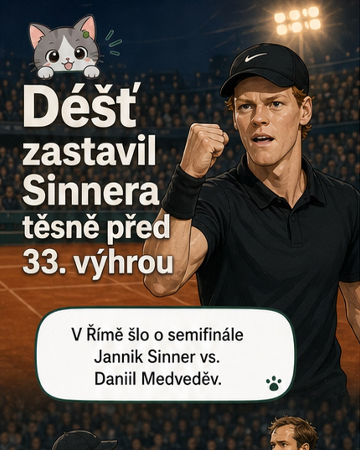 Déšť přerušil zápas Sinnera o rekord