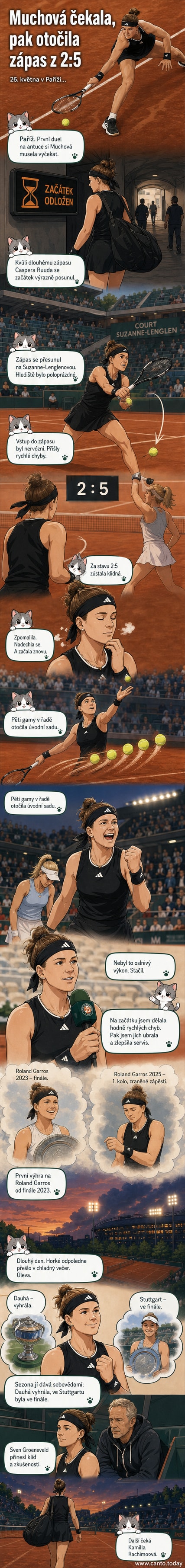 Karolína Muchová během utkání na French Open 2026 na dvorci Suzanne Lenglenové, otočila zápas proti Anastasii Zacharovové po dlouhém čekání a nervózním začátku.