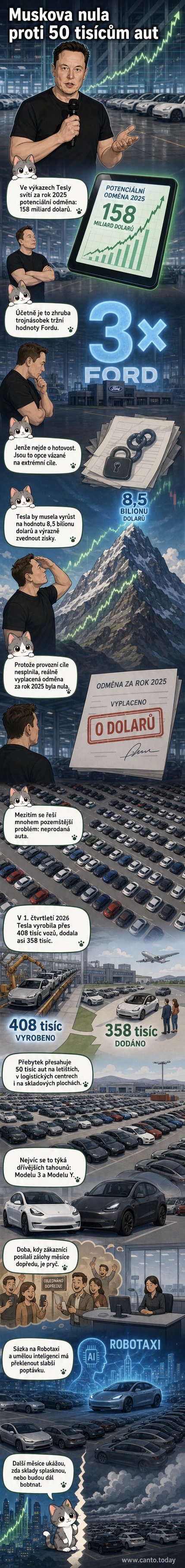 Ilustrovaný panel zobrazuje Elon Muska stojícího před obrovským skladem plným Tesel, s číselníkem odměny na pozadí zobrazujícím 3,3 bilionu korun a nulou na účtu.