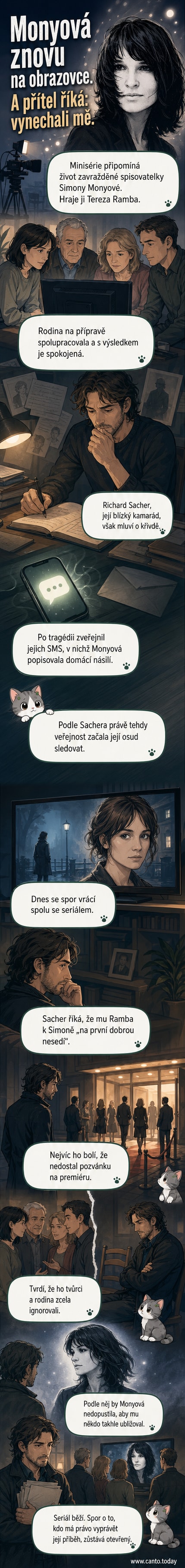 Ilustrace ukazující herečku v roli Simony Monyové a zraněného muže v pozadí, symbolizující kontroverzi kolem minisérie.