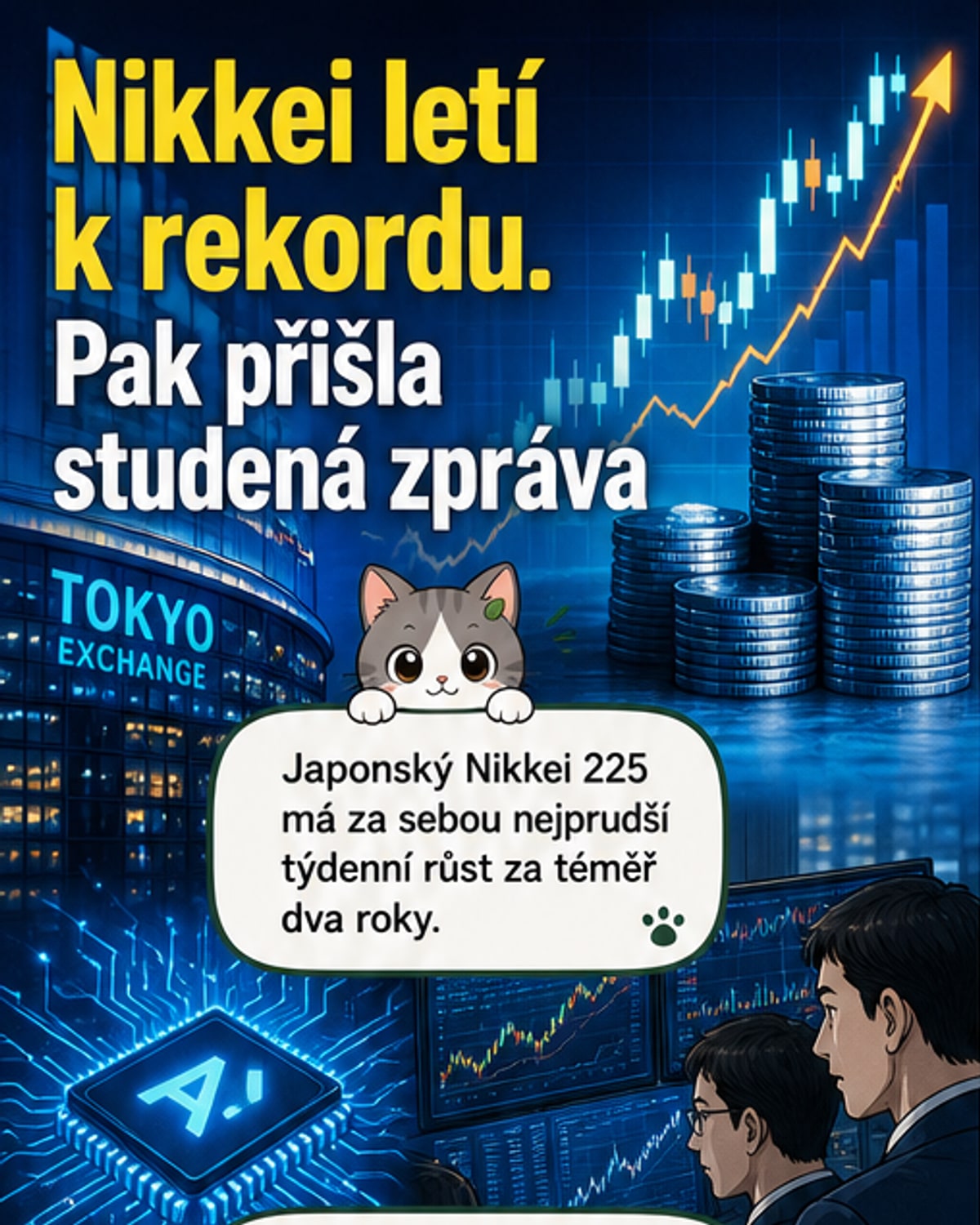 Ilustrace japonské vlajky a grafu růstu akciového indexu Nikkei 225, doplněná ikonami umělé inteligence a burzovních grafů.