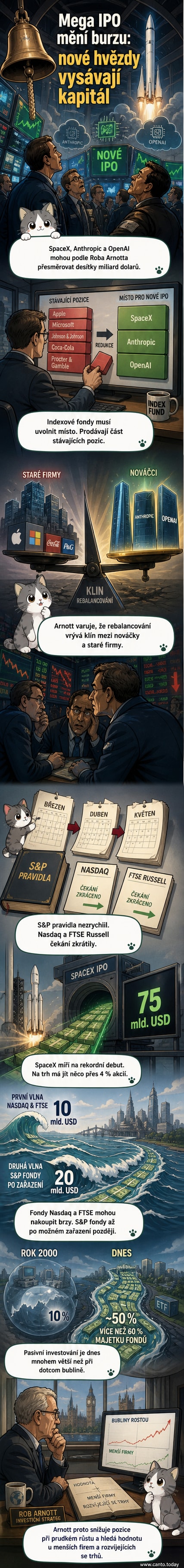 Ilustrace: Raketa SpaceX startuje mezi ikonami OpenAI a Anthropic, na pozadí burzovní tabule s klesajícími grafy menších firem.