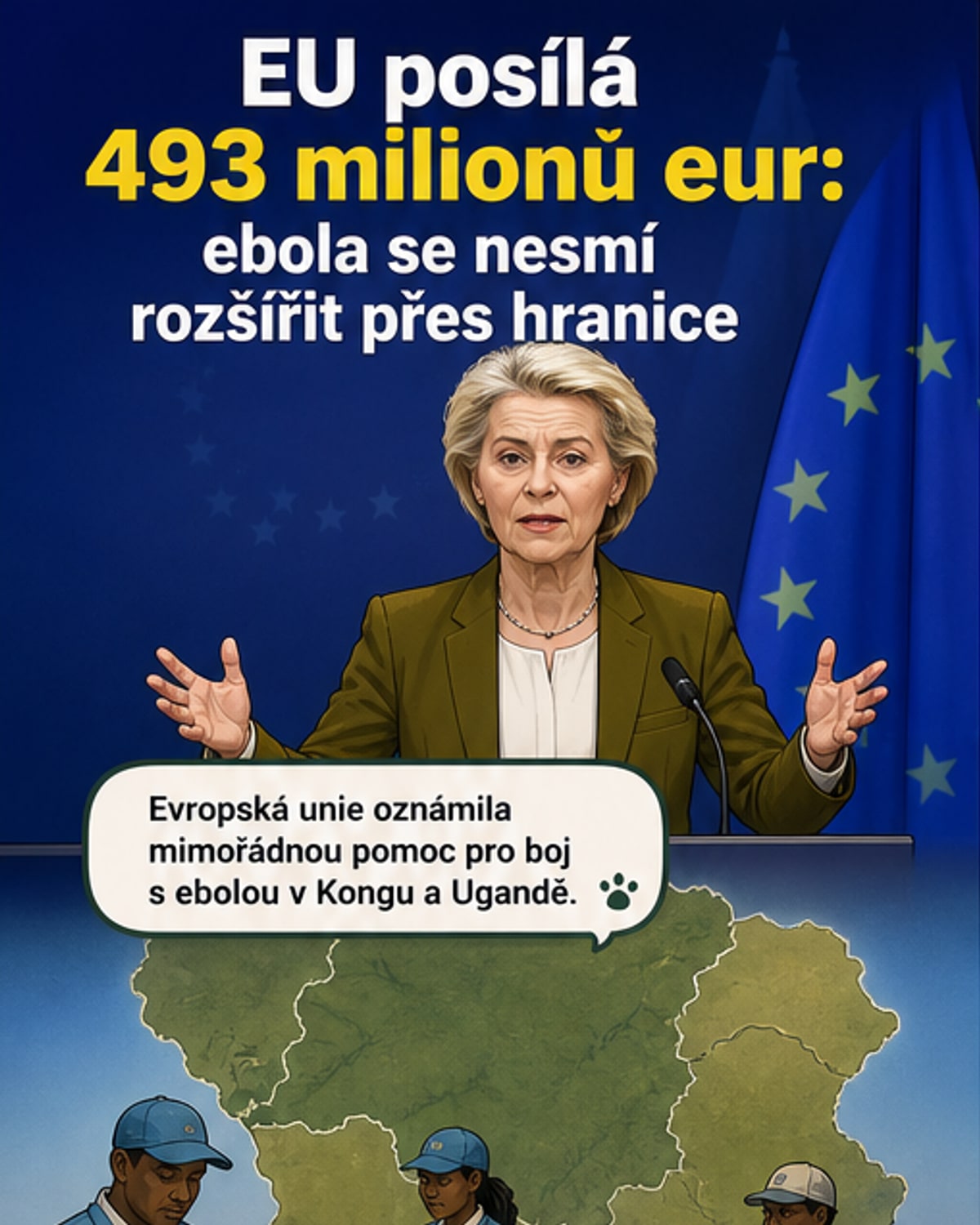 Ilustrace ukazuje zdravotníky v ochranných oblecích v africké vesnici, na pozadí je mapová značka s označením Kongo a Ugandy, symbolizující mezinárodní pomoc při epidemii eboly.