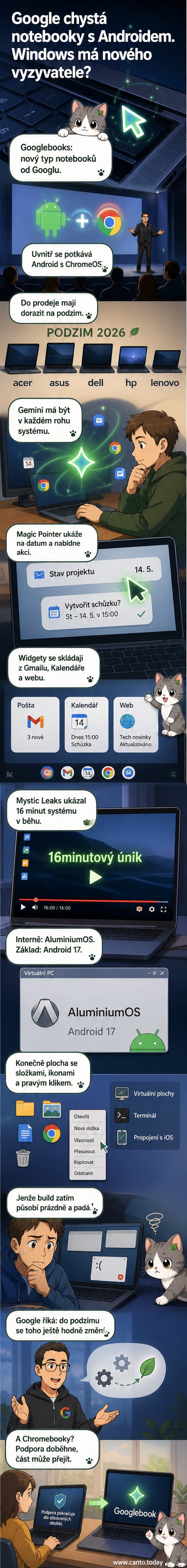 Ilustrace nového operačního systému Google AluminiumOS běžícího na notebooku s ikonami, složkami a widgety na ploše, kurzor ukazuje na kontextovou akci.