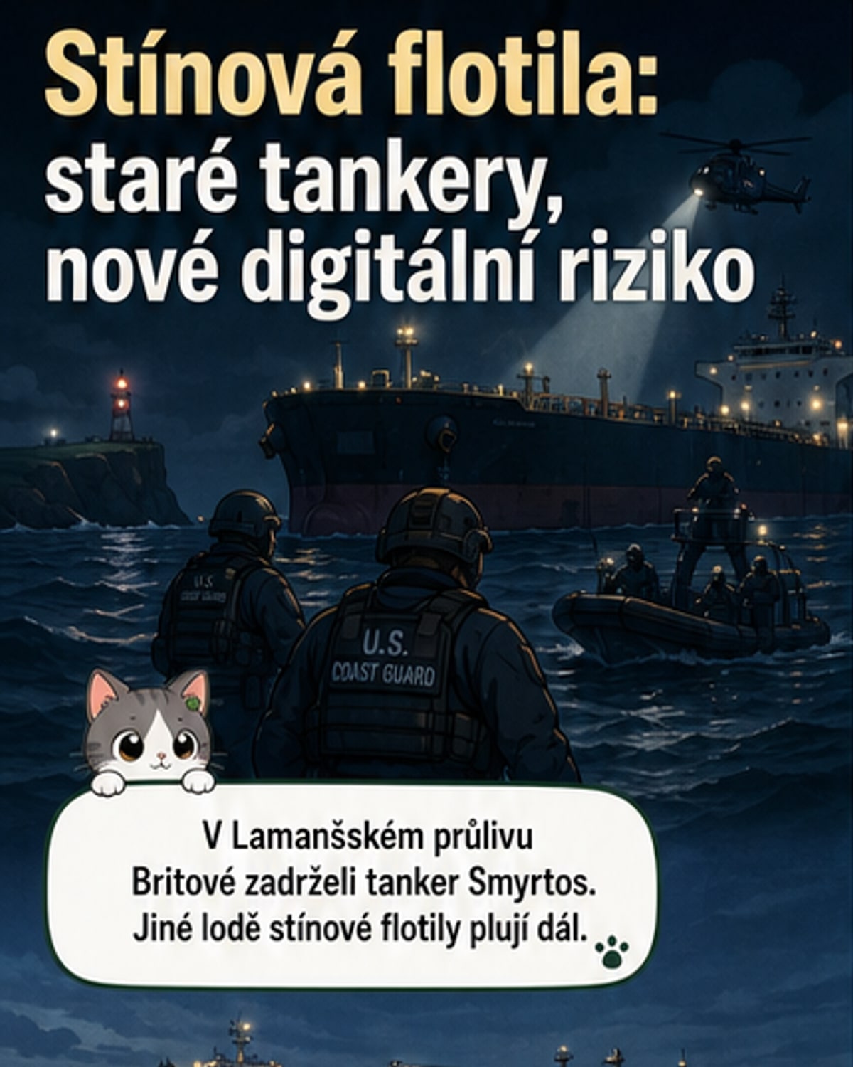 Ilustrace tankeru s temným stínem na hladině, na obrazovce v pozadí blikají červené varovné ikony: dálkový přístup, falešná GPS, infikovaný software.