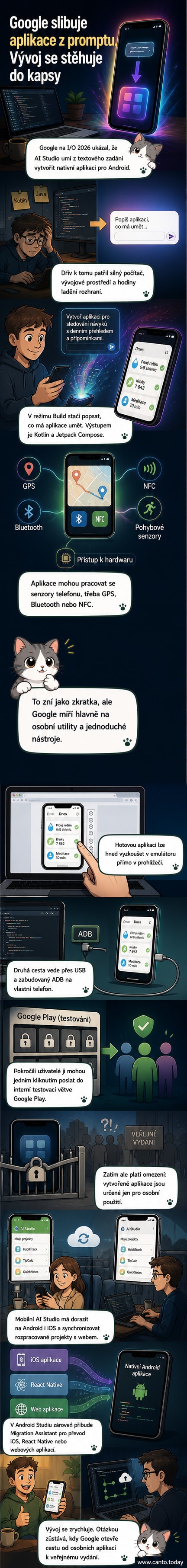 Ilustrace ukazuje člověka na telefonu, který zadává textový popis aplikace; vedle něj se zobrazuje výsledná aplikace běžící na virtuálním zařízení.