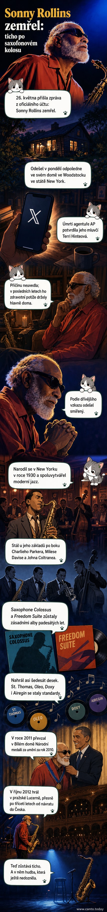 Sonny Rollins hrající saxofon, na pozadí Bílý dům a jazzový dav