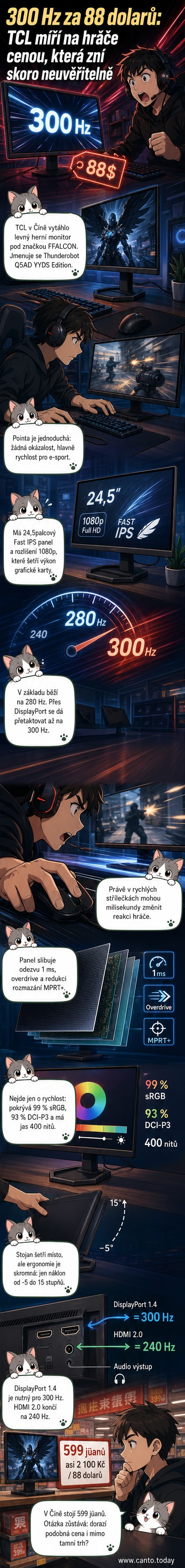 24,5palcový herní monitor TCL Thunderobot Q5AD s označením 300Hz a cenou 88 dolarů na černém pozadí