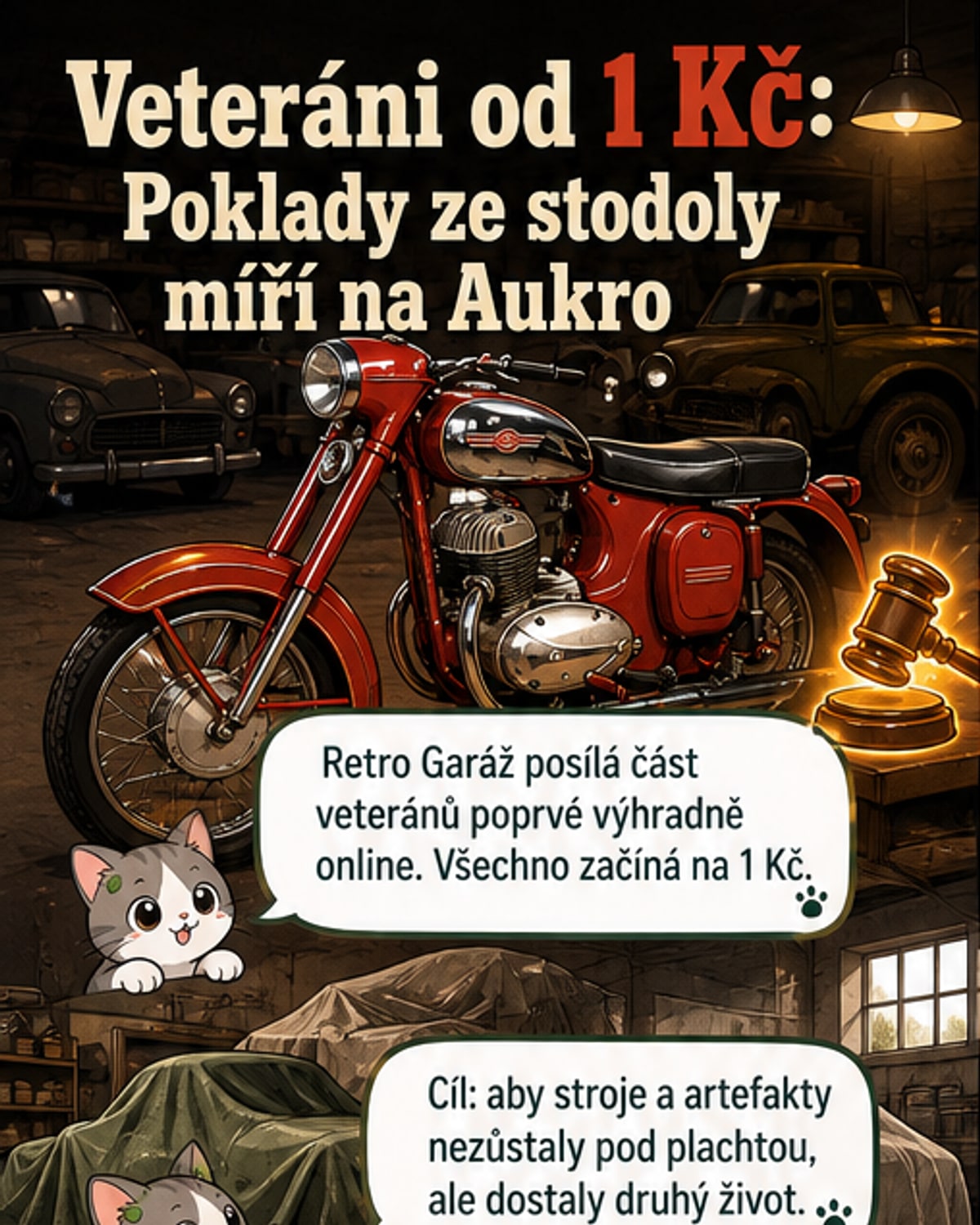 Ilustrace historického amerického auta Mercury Eight z roku 1948 bok po boku s motocyklem Jawa a jízdním kolem ČZ, vše v retro stylu na pozadí stodoly.