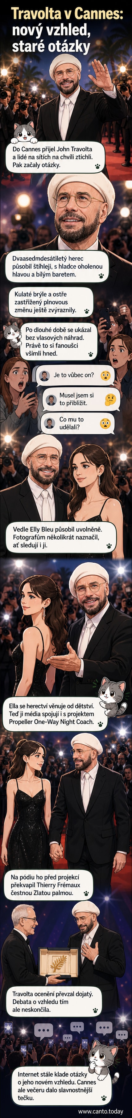 John Travolta stojí na červeném koberci v Cannes s dcerou Ellou Bleu. Má holou hlavu, bílý baret a ostře zastřižený plnovous. Oba se usmívají do fotoaparátů.