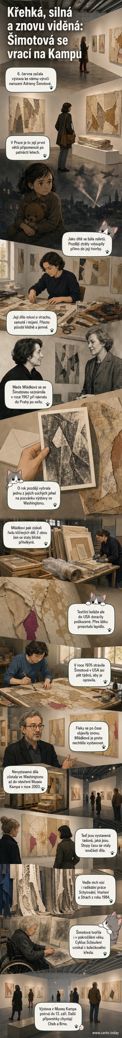 Výstavní pohled na prořezávané papírové a textilní díly Adrieny Šimotové ve světle v Museum Kampa