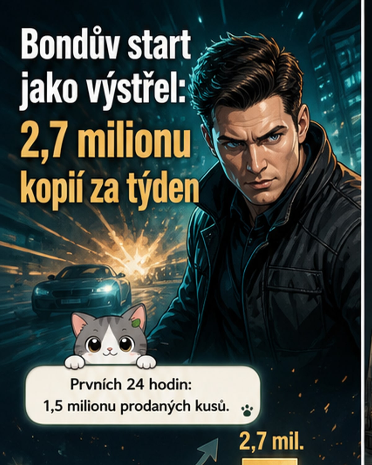 Ilustrovaná scéna z videohry 007: First Light zobrazující Jamese Bonda ve sněhové krajině s Aston Martinem Valhalla na pozadí, stylizovaná jako webtoonový panel.