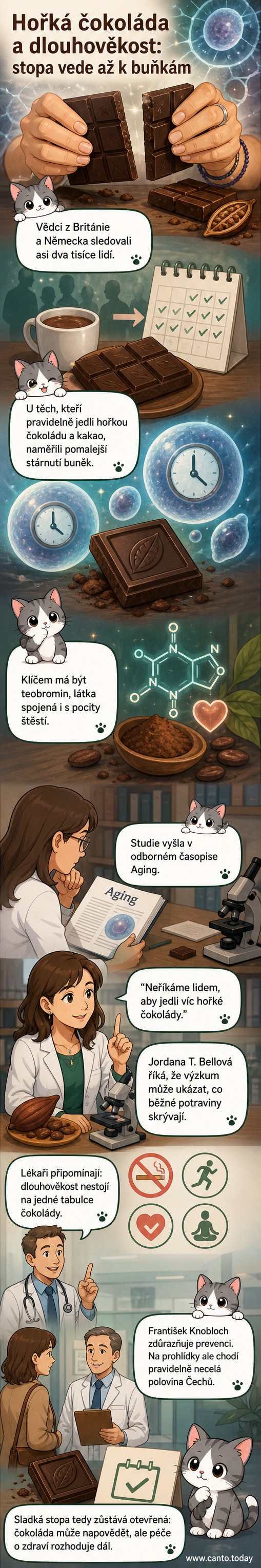 Ilustrace osoby držící tabulku hořké čokolády s mikroskopickým zobrazením buněk na pozadí, symbolizující vliv na stárnutí