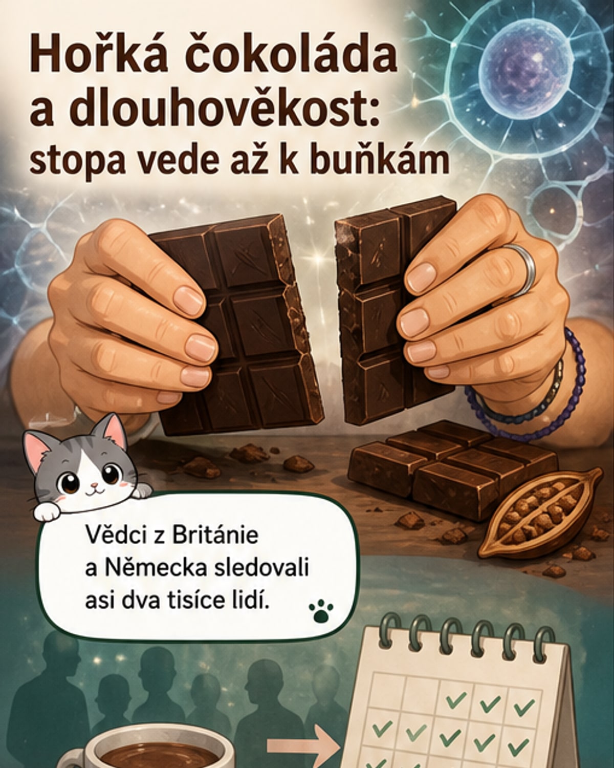 Ilustrace osoby držící tabulku hořké čokolády s mikroskopickým zobrazením buněk na pozadí, symbolizující vliv na stárnutí