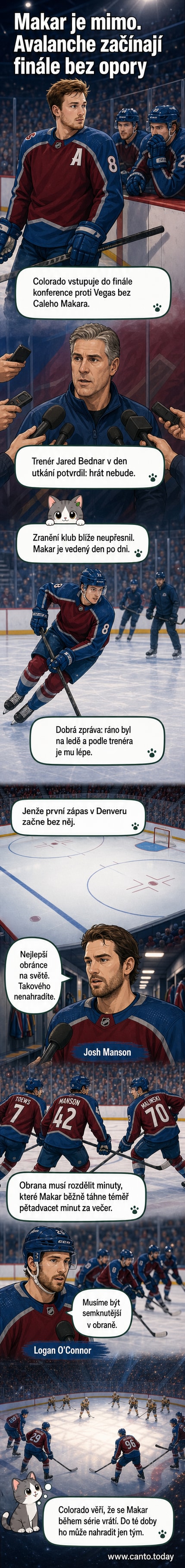 Hráč Colorado Avalanche Cale Makar stojí na ledě v tréninkovém dresu, s holemi v ruce, v pozadí fanoušci a loga týmu.