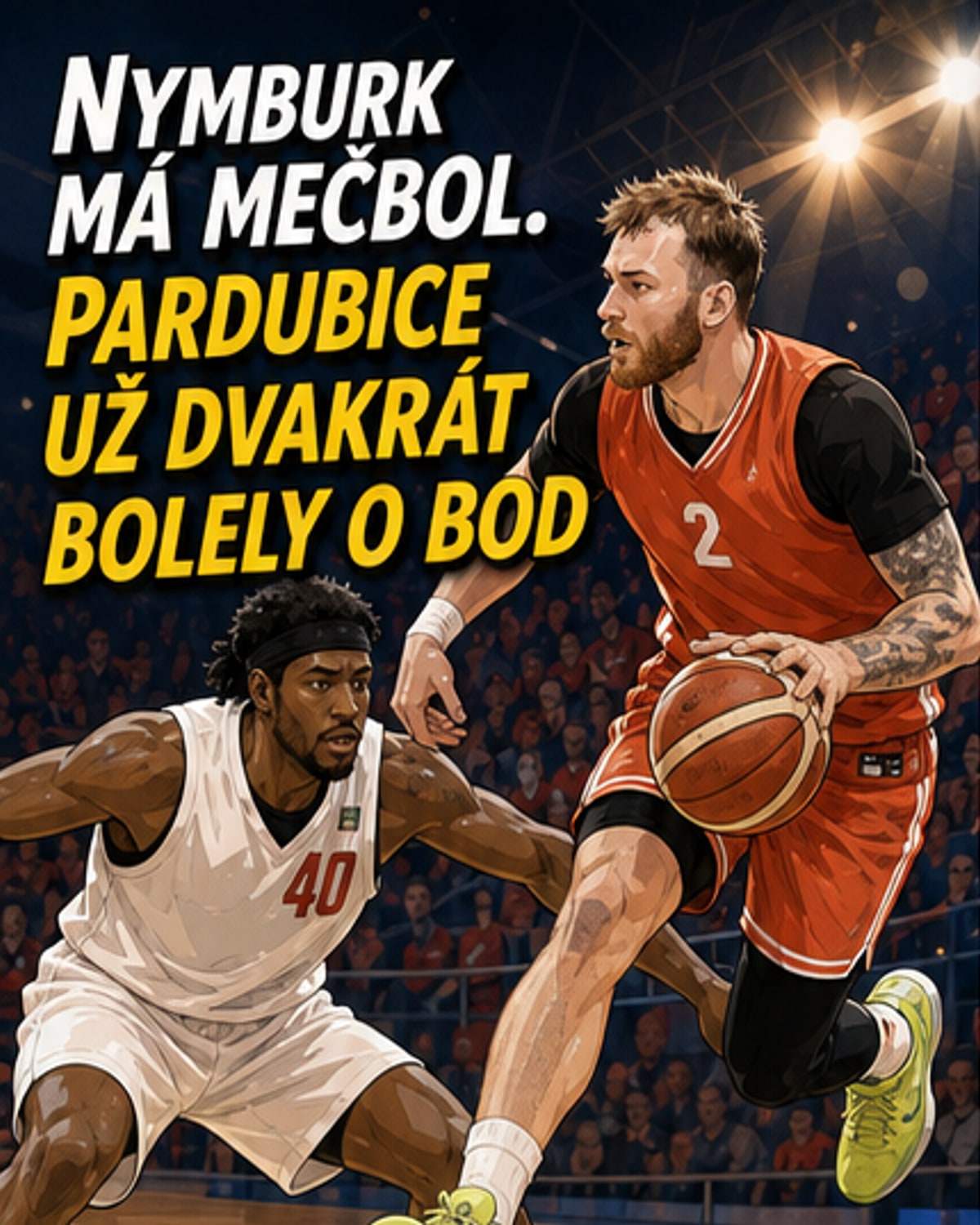 Basketbalisté Nymburka a Pardubic během finálového zápasu, dva hráči se střetávají u koše.