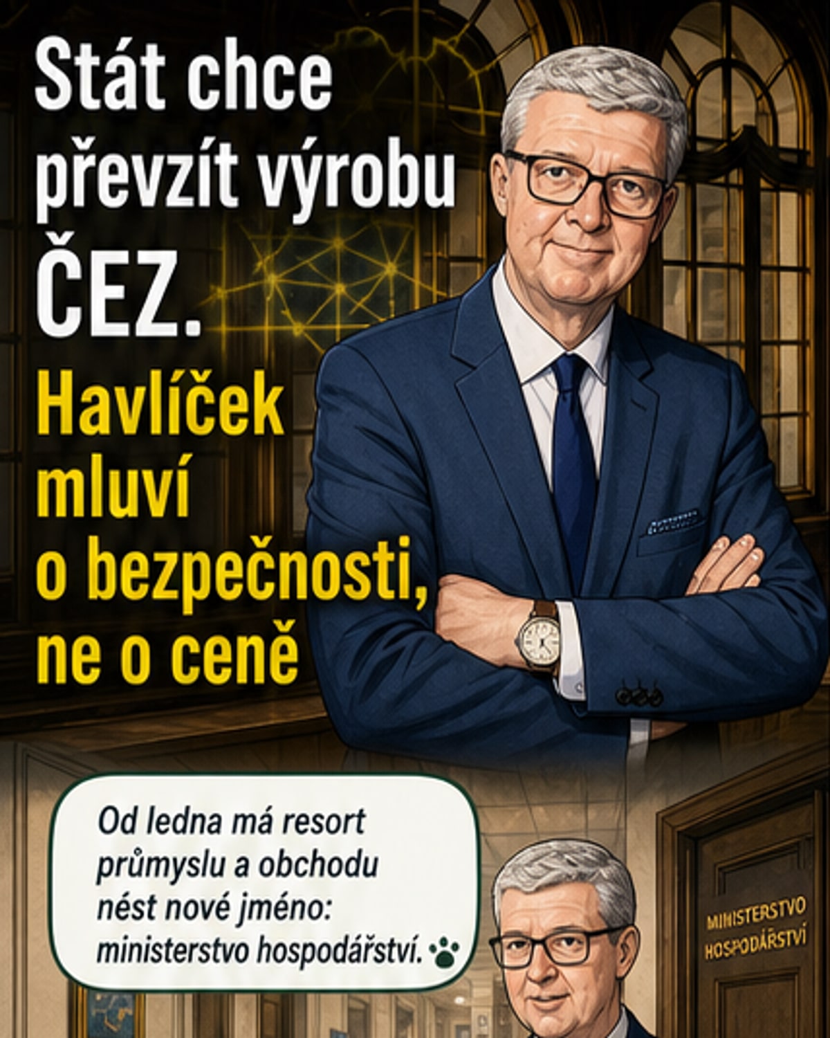 Ilustrace jaderné elektrárny Temelín s vlajkou Česka a logem ČEZ, na pozadí grafy spotřeby energie