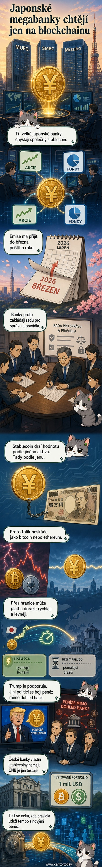 Ilustrace tří japonských bank, které společně vydávají digitální měnu stablecoin navázanou na jen, s grafikou rychlých transakcí a obchodování s akciemi.