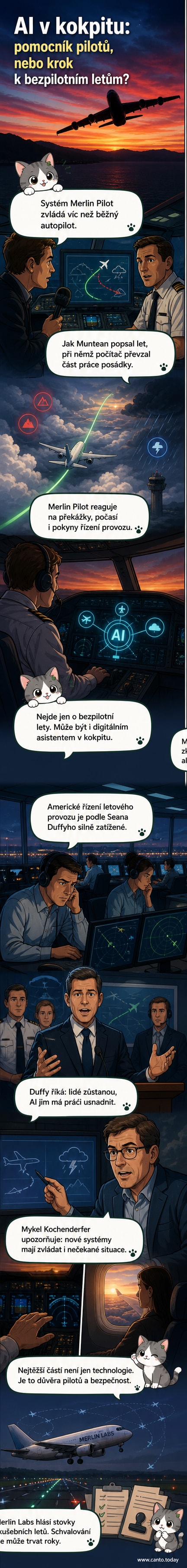 Ilustrace kokpitu letadla s displejem zobrazujícím umělou inteligenci Merlin Pilot, která monitoruje let a komunikuje s letovou kontrolou.