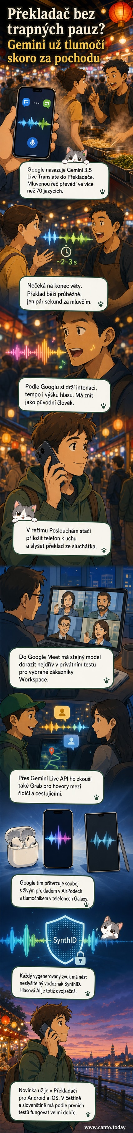 Ilustrace dvou lidí mluvících do telefonu, kde jeden hovoří česky a druhý automaticky odpovídá v japonštině, oba s vlastním hlasem – vizualizace reálného překladu pomocí Gemini 3.5