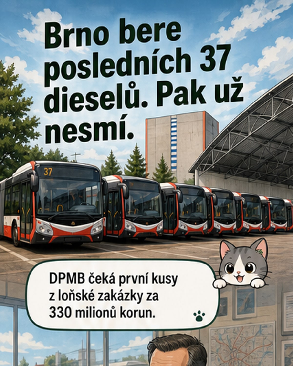Ilustrace: Brněnský parciální trolejbus na silnici, v pozadí město a autobus s výfukovými plyny – symbol přechodu od nafty k čistější dopravě.