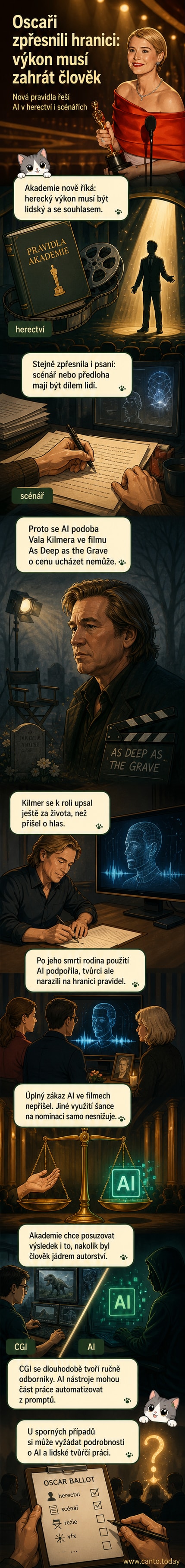 Ilustrace: filmová kamera a hollywoodská hvězda, mezi nimi ikona umělé inteligence s varovným znakem, na pozadí Oscarova soška.