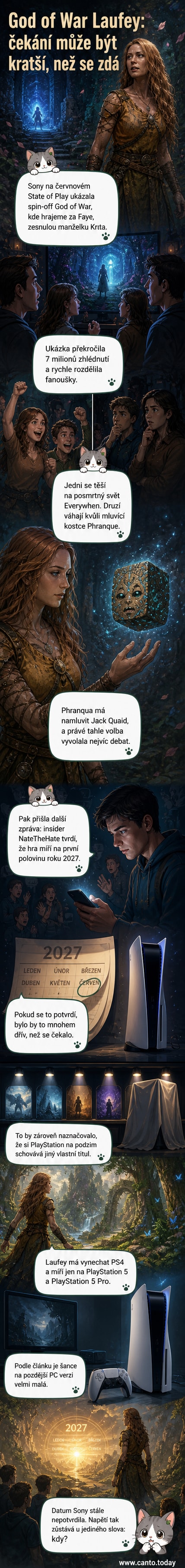 Ilustrace postavy Faye z nové hry God of War: Laufey, stojí v mytickém prostředí s kostkou Phranque vedle ní, na pozadí září světlo z jiného rozměru.