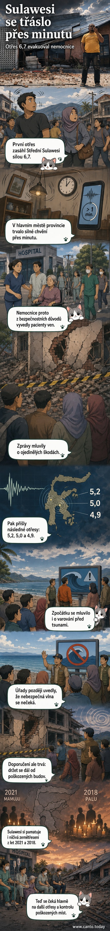 Ilustrace zemětřesení v Indonésii: lidé utíkají z budov, nemocnice evakuována, mapa seismických zlomů v pozadí.